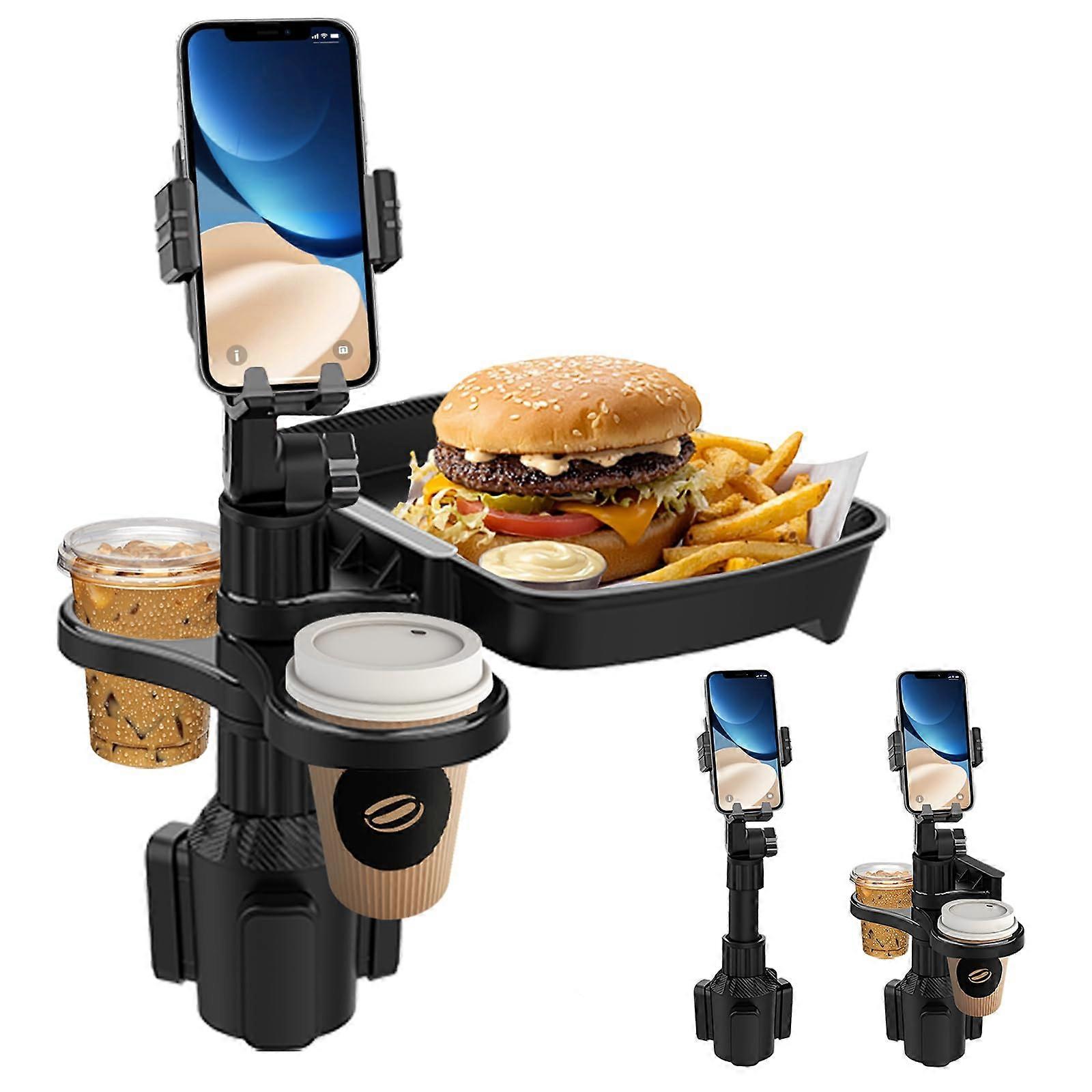 Car Cup Holder Tray 4 in 1 Adjustable Expander with 360° Swivel Food Tray Dual Drink Holders and Phone Mount Universal Fit