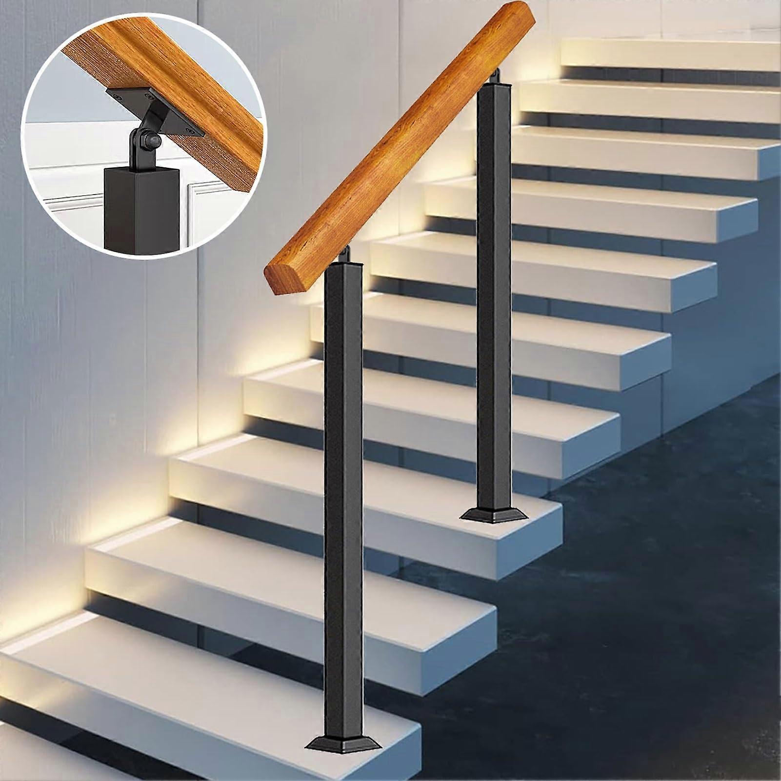 Solid Wood and Iron Stair Handrail with Adjustable Metal Baluster Posts, Indoor Outdoor Railing Kit