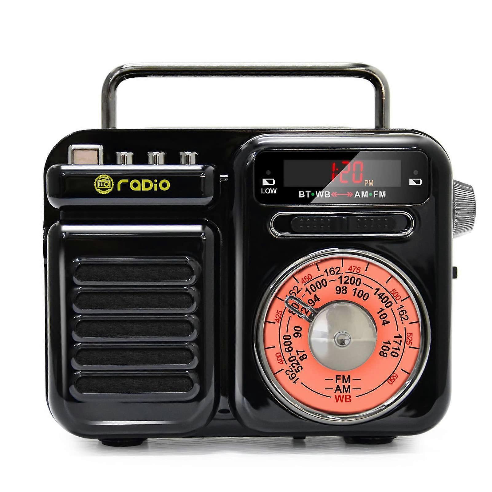 Retro Solar Hand Crank Emergency Weather Radio with Bluetooth 5.1 Speaker, Flashlight, SOS Alarm, Phone Charger, Black
