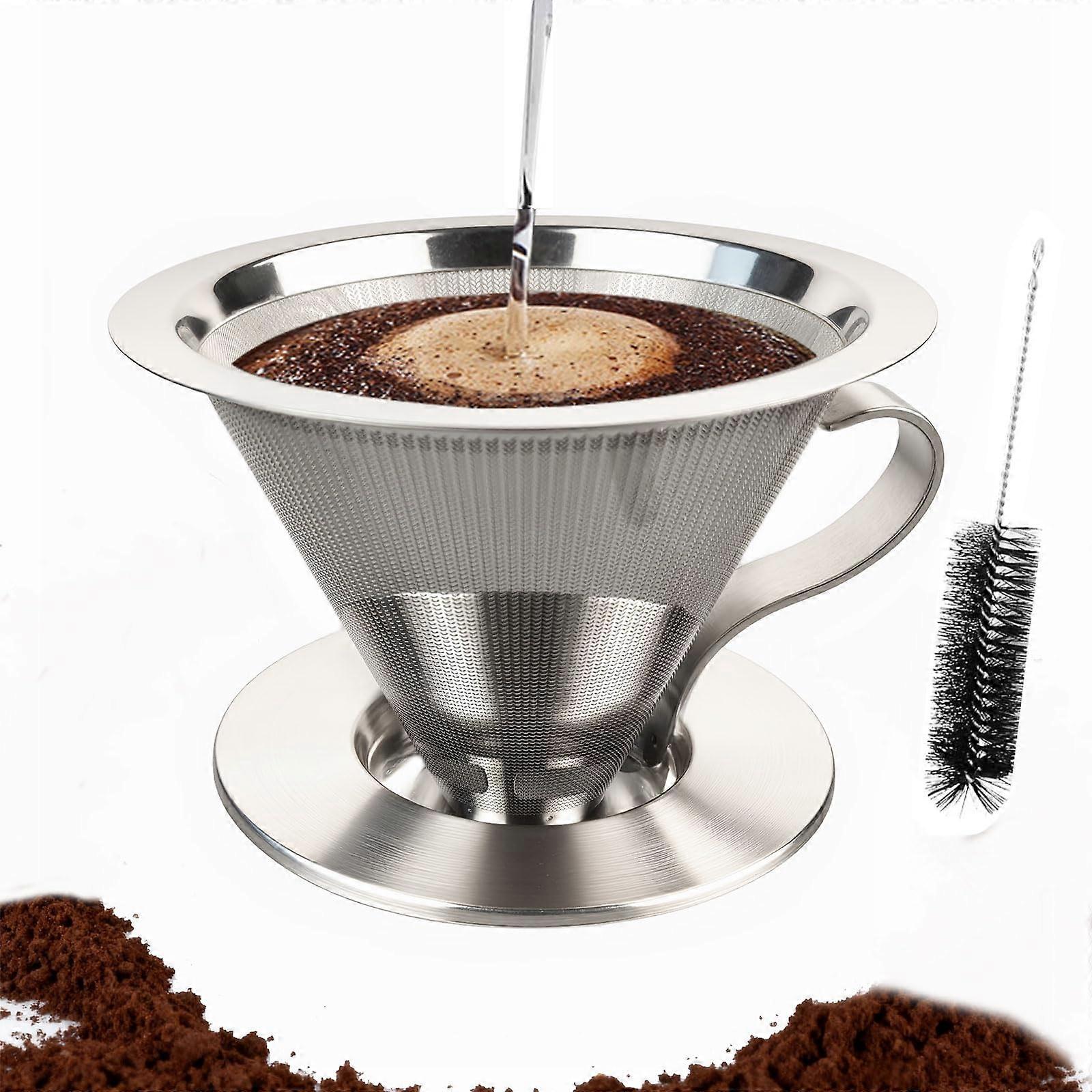 Pour Over Coffee Dripper Stainless Steel Reusable Filter Cone with Handle for 14 Cups Paperless Brewing