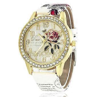 Reloj con correa estampada, diseño de letras doradas y diamantes para mujer, reloj de cuarzo, reloj de flores para mujer, 26 unidades
