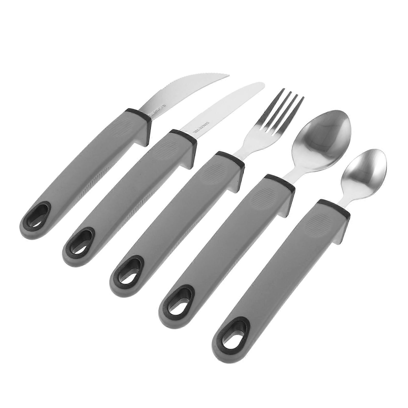 Adaptive Stainless Steel Silverware Set with Ergonomic Grip for Elderly, 5pcs Dishwasher Safe