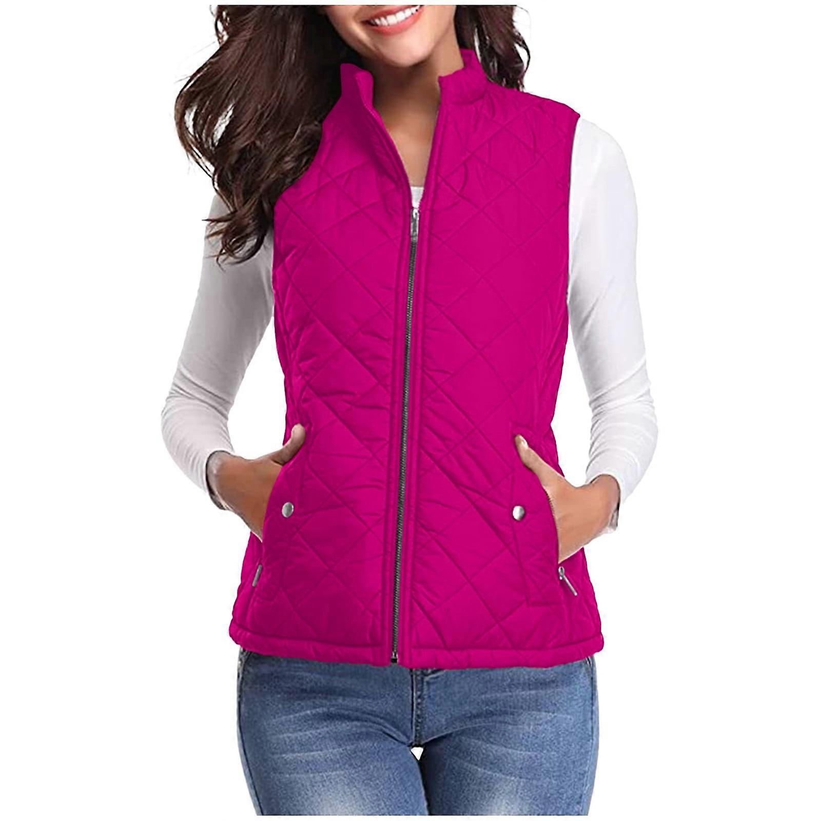 Vest for Women Winter Fall Basic Button Vest Solid Keep Warm Sleeveless Jacket with Pocket,Hot Pink