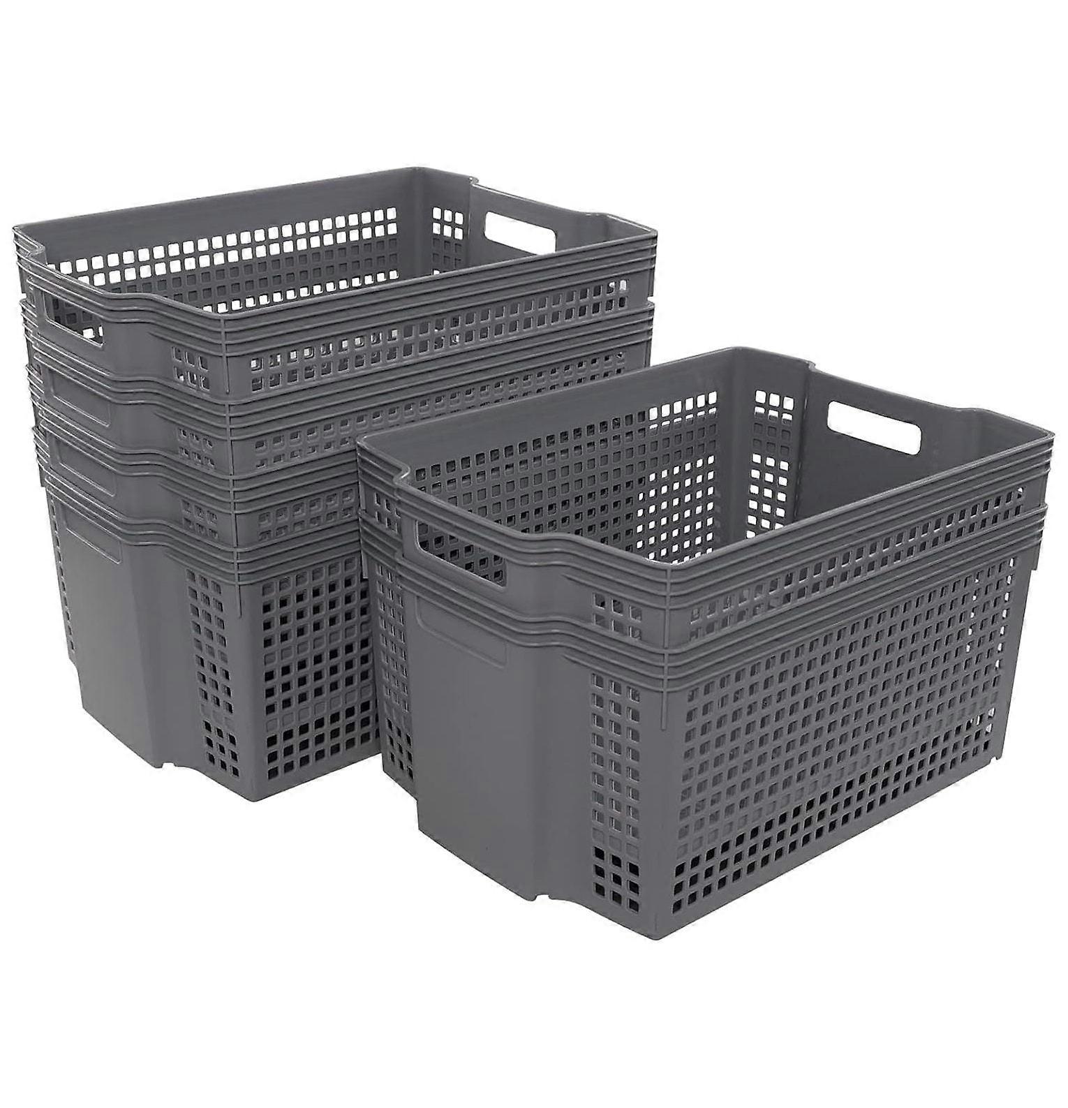 CintBllTer 17 L Plastic Stacking Storage Baskets, Grey Stackable Storage Bin, 6-Pack