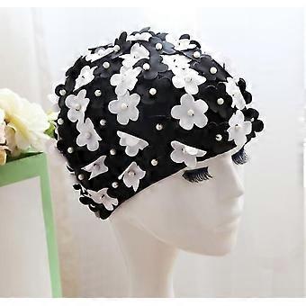 Pxcl (black And White)fashy Ladies Black & White Petal Swimming Hat, Swim Cap, 7d Flower Petal Bathing Caps Swim Hat Cap, One Size, Adults