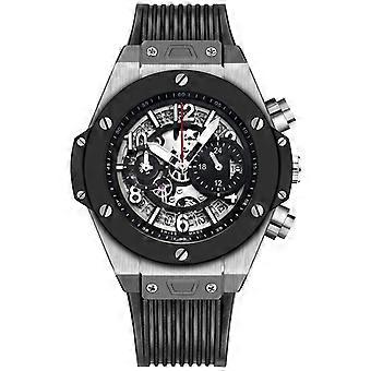 Luxury Skeleton Dial Chronograph Watch with Black Bezel and Silicone Strap
