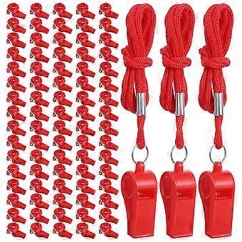 80 Pcs Plastic Whistles Bulk with Lanyard, Red Sports Whistle, Loud Crisp Sound Referee Whistle for Outdoor Sport Referees Officials Training Emergen