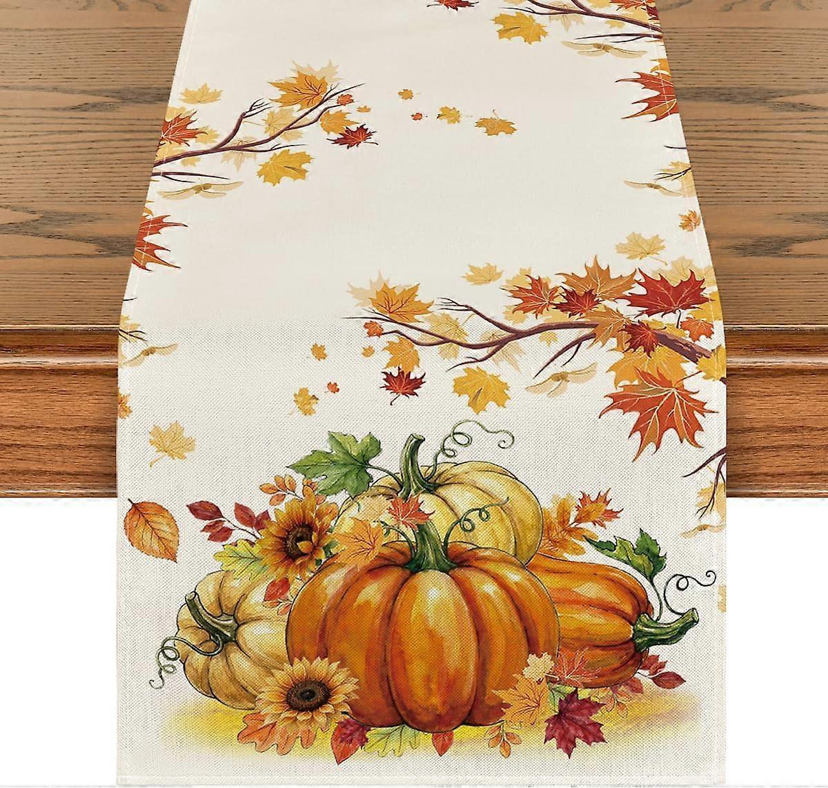 Autumn Table Runner with Pumpkins and Maple Leaves, 33x183 cm