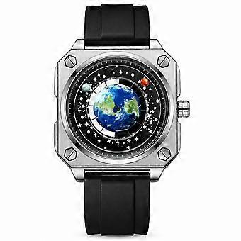 Binbang Square Men's Quartz Watch Blue Planet Earth Map Dial Student Male Black Silicone Strap Silver Steel Case Black Face JY