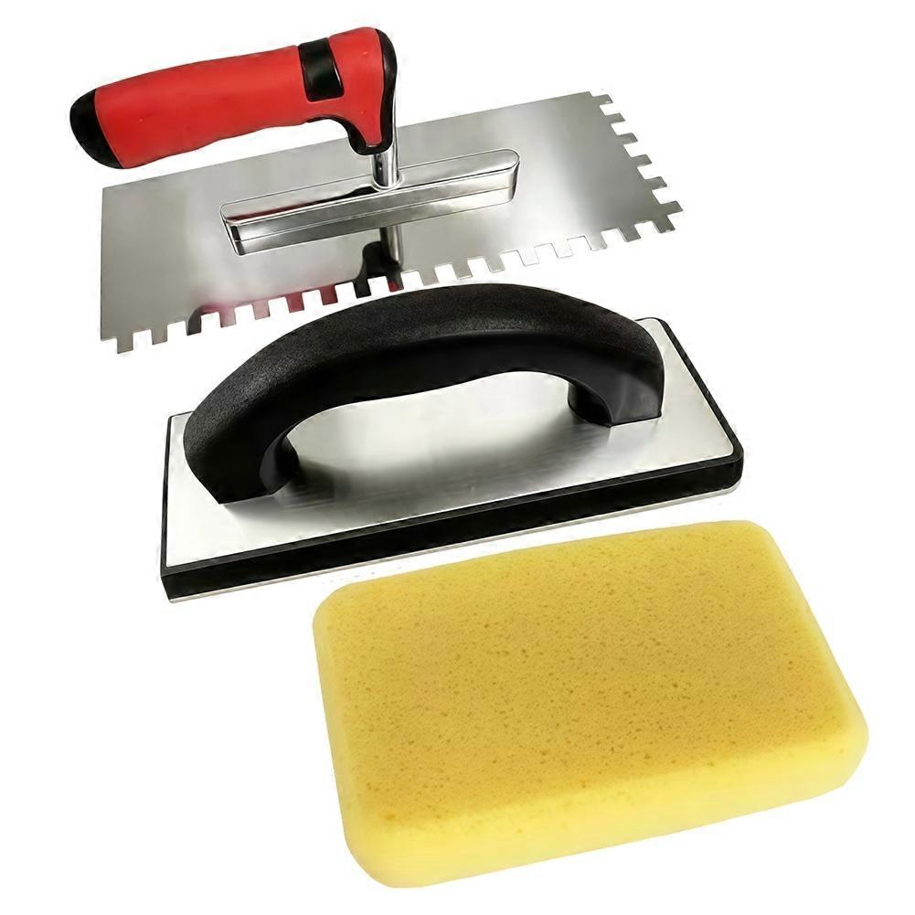 3 Pcs Square Notched Trowel Set, Tile Tools with Grout Float & Grout Sponge for Tile Installation