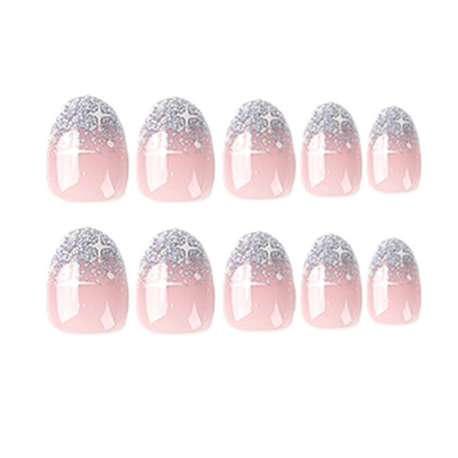 Silver Glitter Short Almond False Manicure With Harmless And Smooth Edge Nails For Daily And Parties Wearing