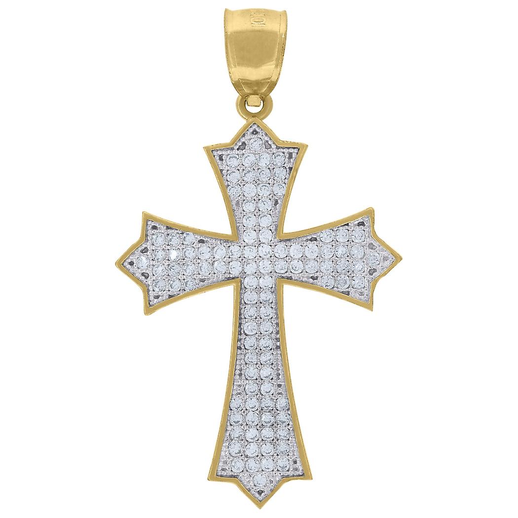 10k Gold Two tone Cubic Zirconia Mens Cross Height 42.5mm X Width 24.9mm Religious Charm Pendant Necklace for Men
