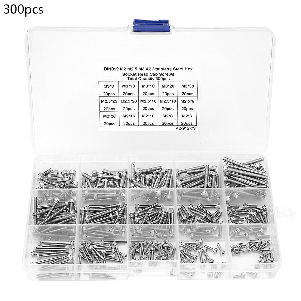 300pcs SS304 Stainless Steel Hex Socket Head Cap Screws Assortment Kit M2 M2.5 M3