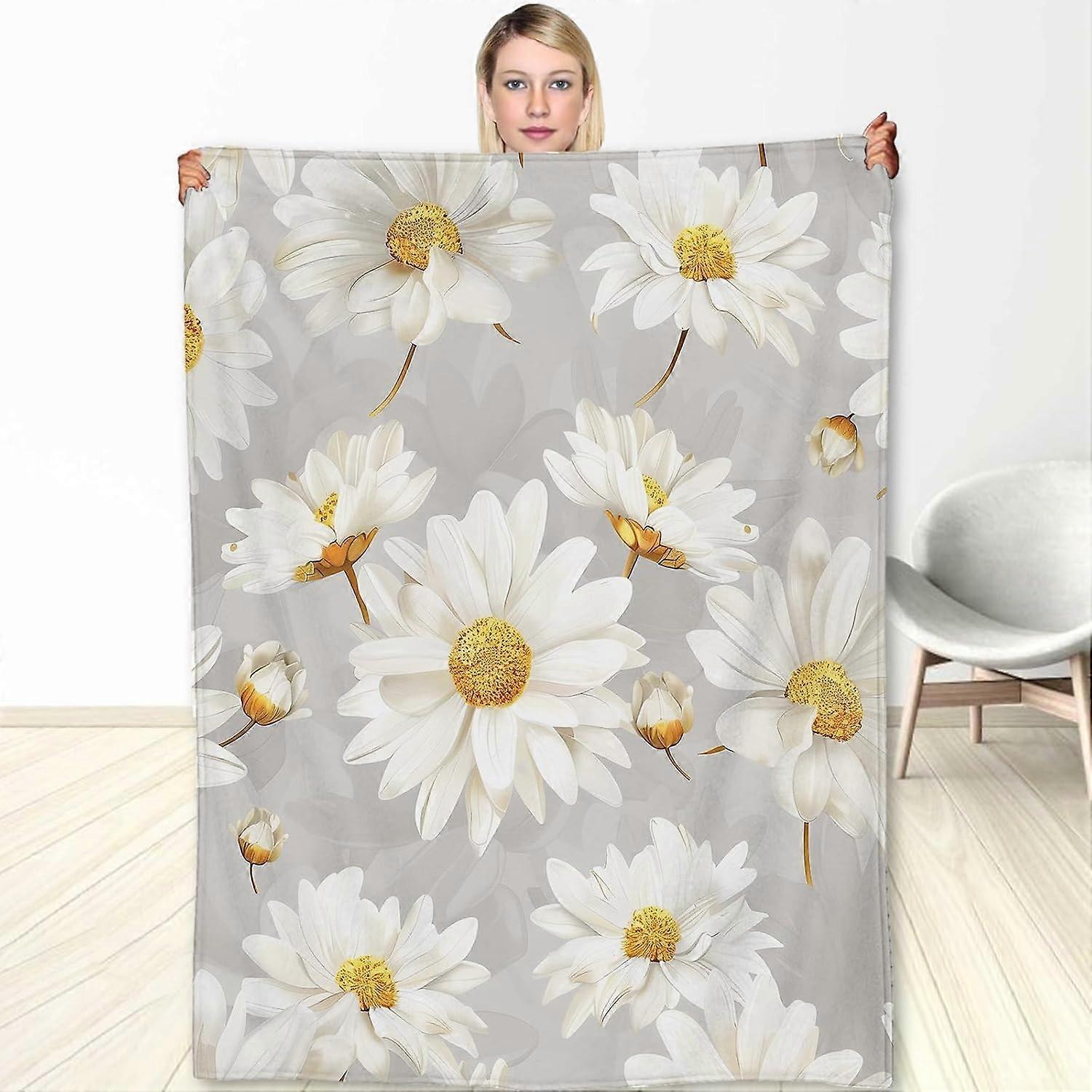 Daisy Blanket - Blommig mjuk mysig lättvikts flanellfilt, perfekt för soffa, elegant sängkläder accent, resevänlig, suddig heminredning 5060IN