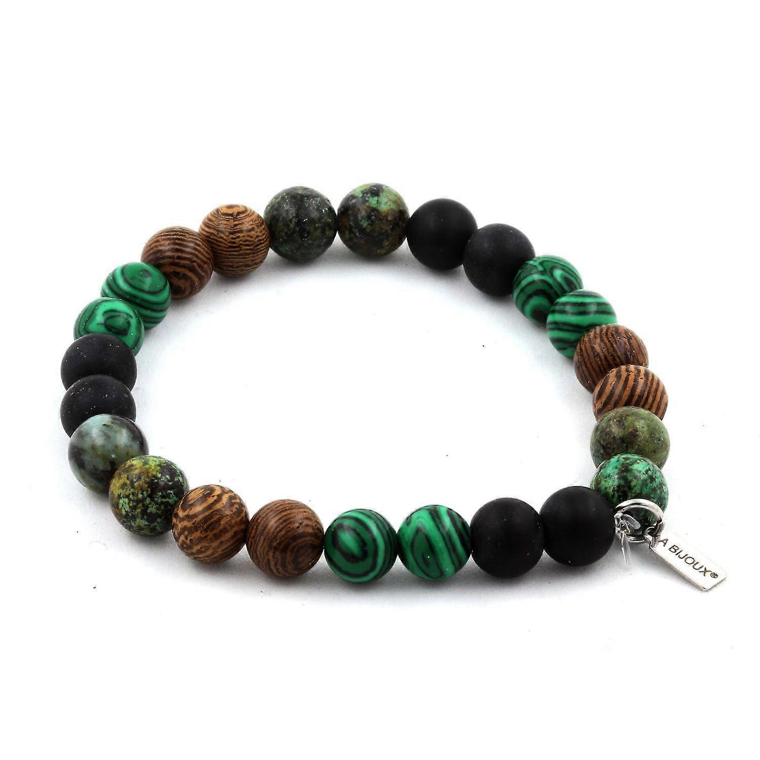 Bracelet African Turquoise Beads + Malachite + Matte Black Onyx + Wood 8 mm