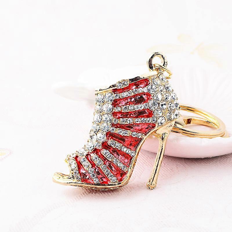 Red enamel key ring in the shape of a stiletto shoe with rhinestones and multicolored enamel Gold