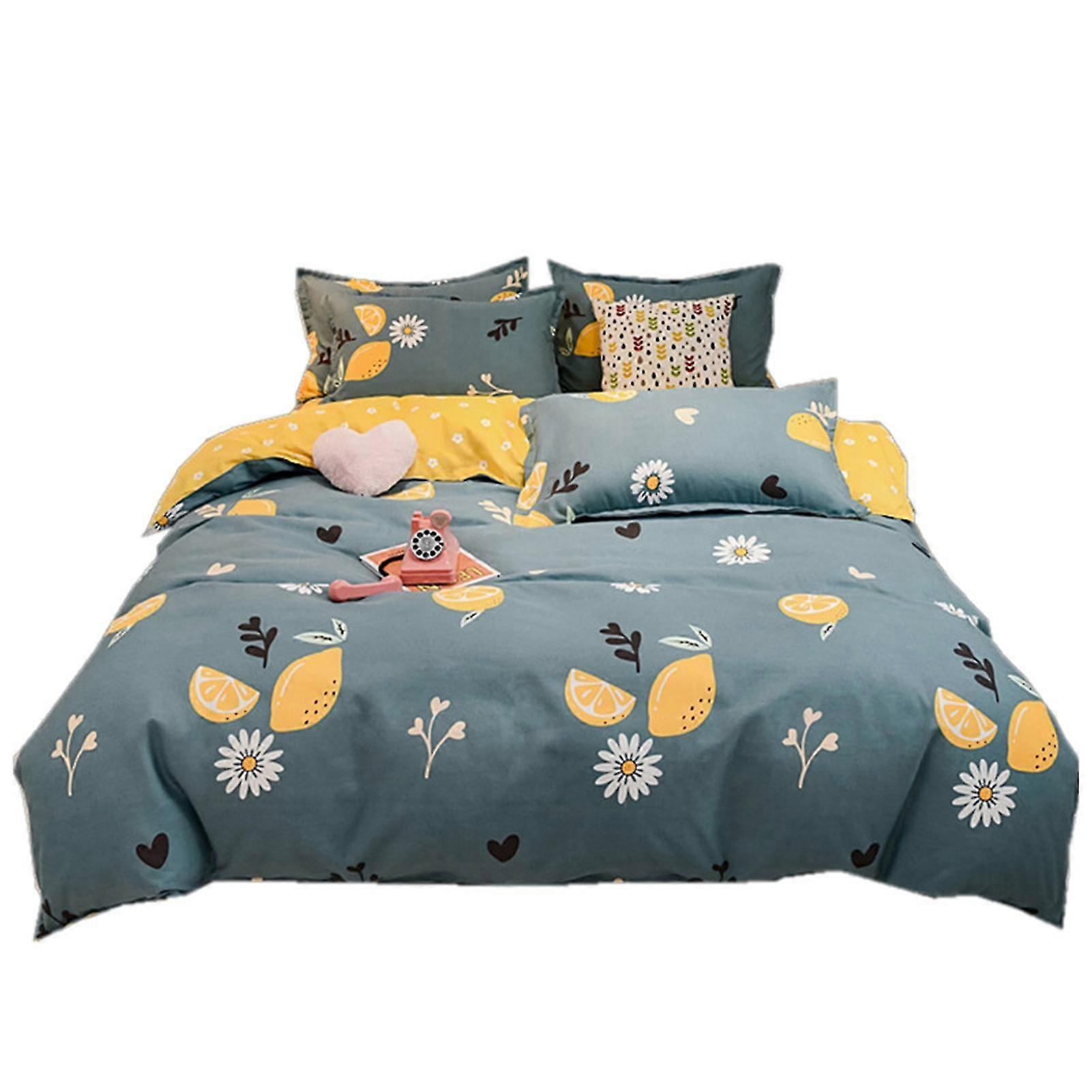 Thickened Bedclothes 4pcs Bedding Set with Lemon Design - Soft Cotton Bed Sheet, Quilt Cover, and Pillowcase for Home (1.2m47.2in)