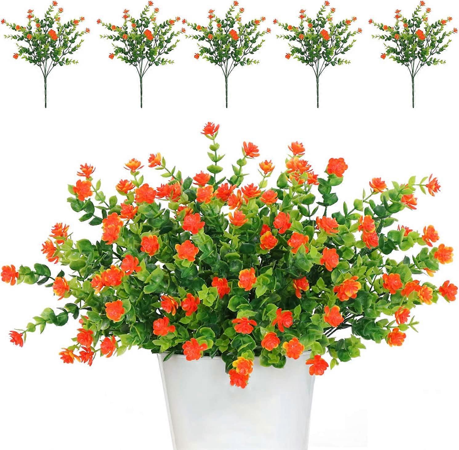 5 Pack Artificial Flower Bouquets, UV Resistant Greenery Plants(Orange Red)