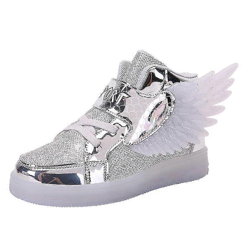 防水レザーキッズルミナスシューズスニーカーは、ウィングUSB充電カジュアルスポーツシューズガールズスケートボードシューズ付きライトシューズを主導しました