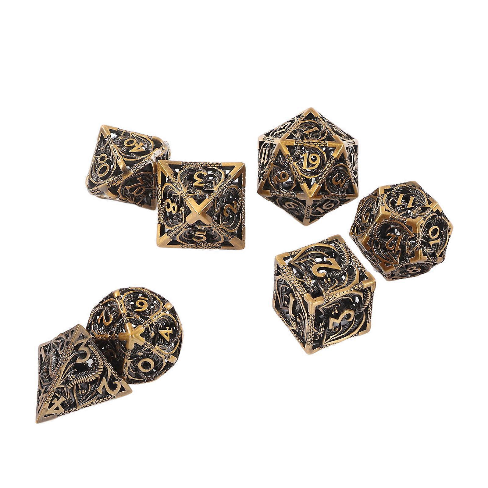 7pcs Polyhedral Metal Dice Set Vintage Hollow Dragon Portable Copper Table Board Game Dice Set for Role Playing