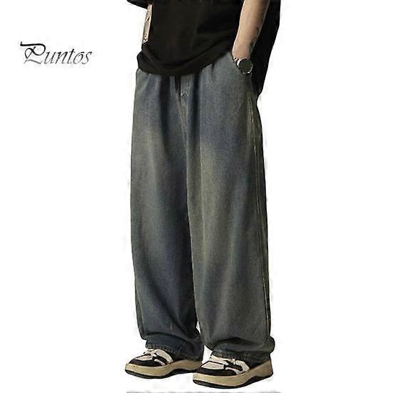 Men Jeans Elastic Waist Drawstring Wide-Leg Jeans Street Style Distressed Design Draped Denim Trousers