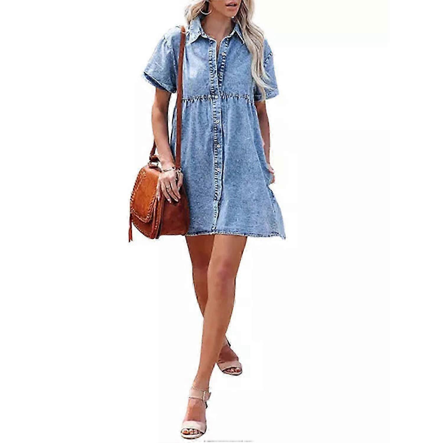 Women's Casual Short Sleeve Button Down Tiered Denim Babydoll Jean Dress