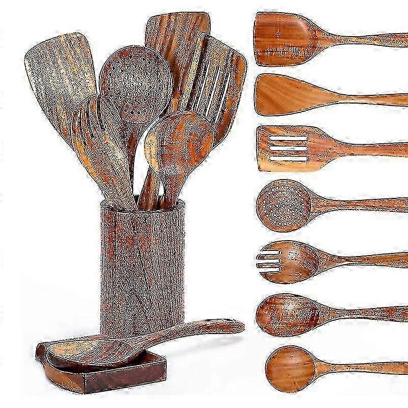 9Pcs Wooden Spoons For Cooking, Wooden Utensils For Cooking With Utensils Holder, Teak Wooden Kitc