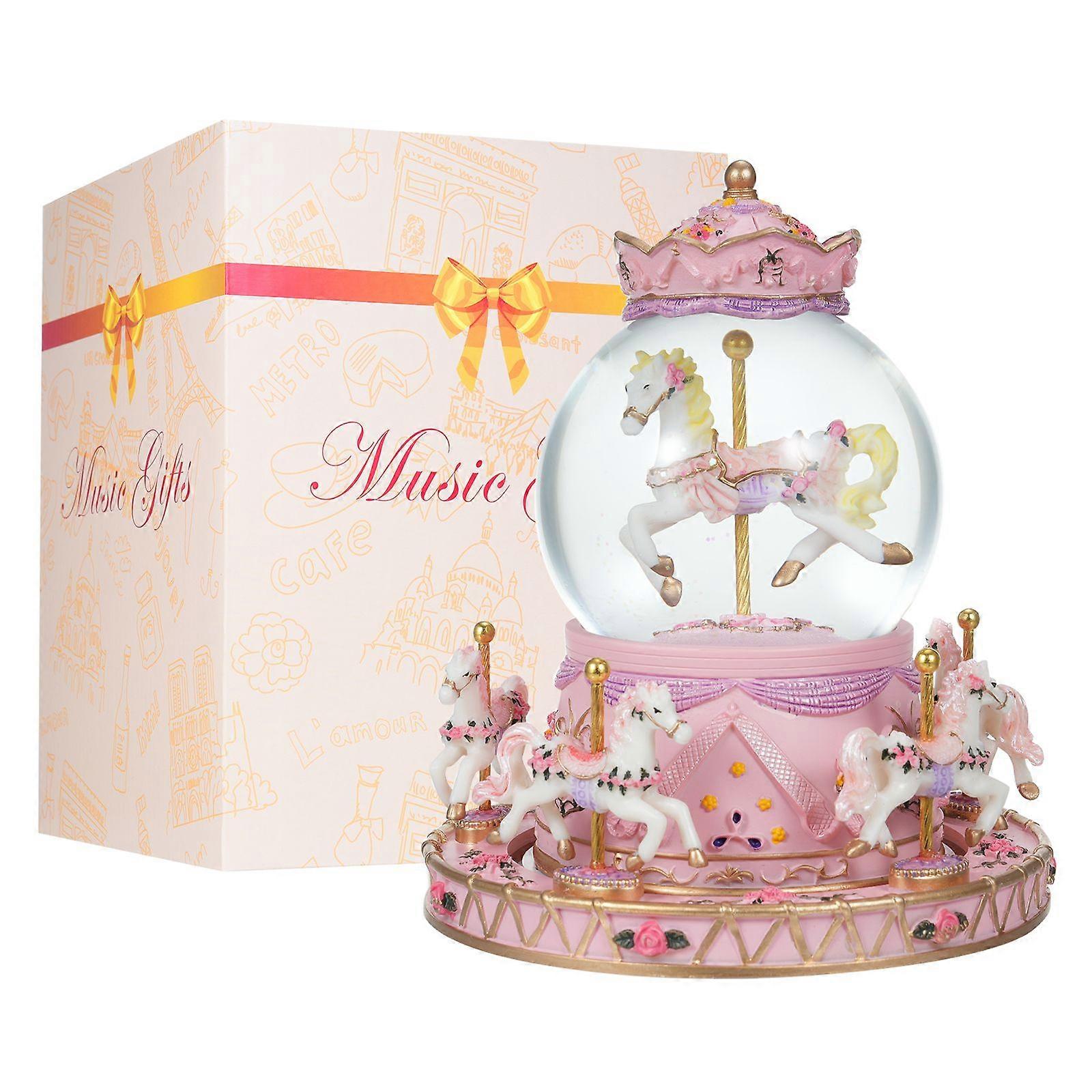 Rotating Carousel Music Box Crystal Ball Light-up Snow Globe Wind-up Musical Box Colorful Lights Cute Little Horses Girls Festival Birthday Gift