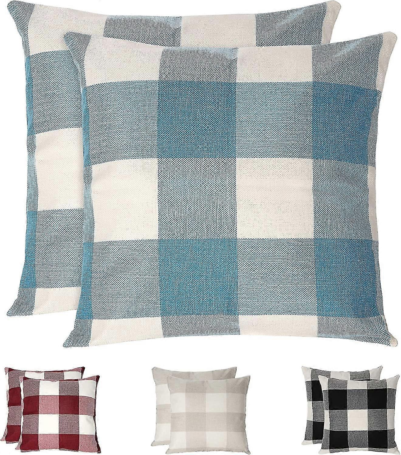 Plaid Cushion Covers , Set Of 2 Wrinkle Resistant And Breathable Linen Pillowcase,blue