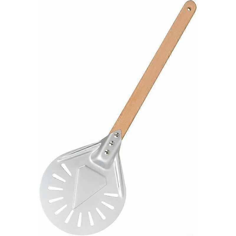 7 Inch Round Pizza Peel, Perforated Pizza Peel with Long Removable Wooden Handle, Made of Aluminum and Longziming Non-Slip Handle