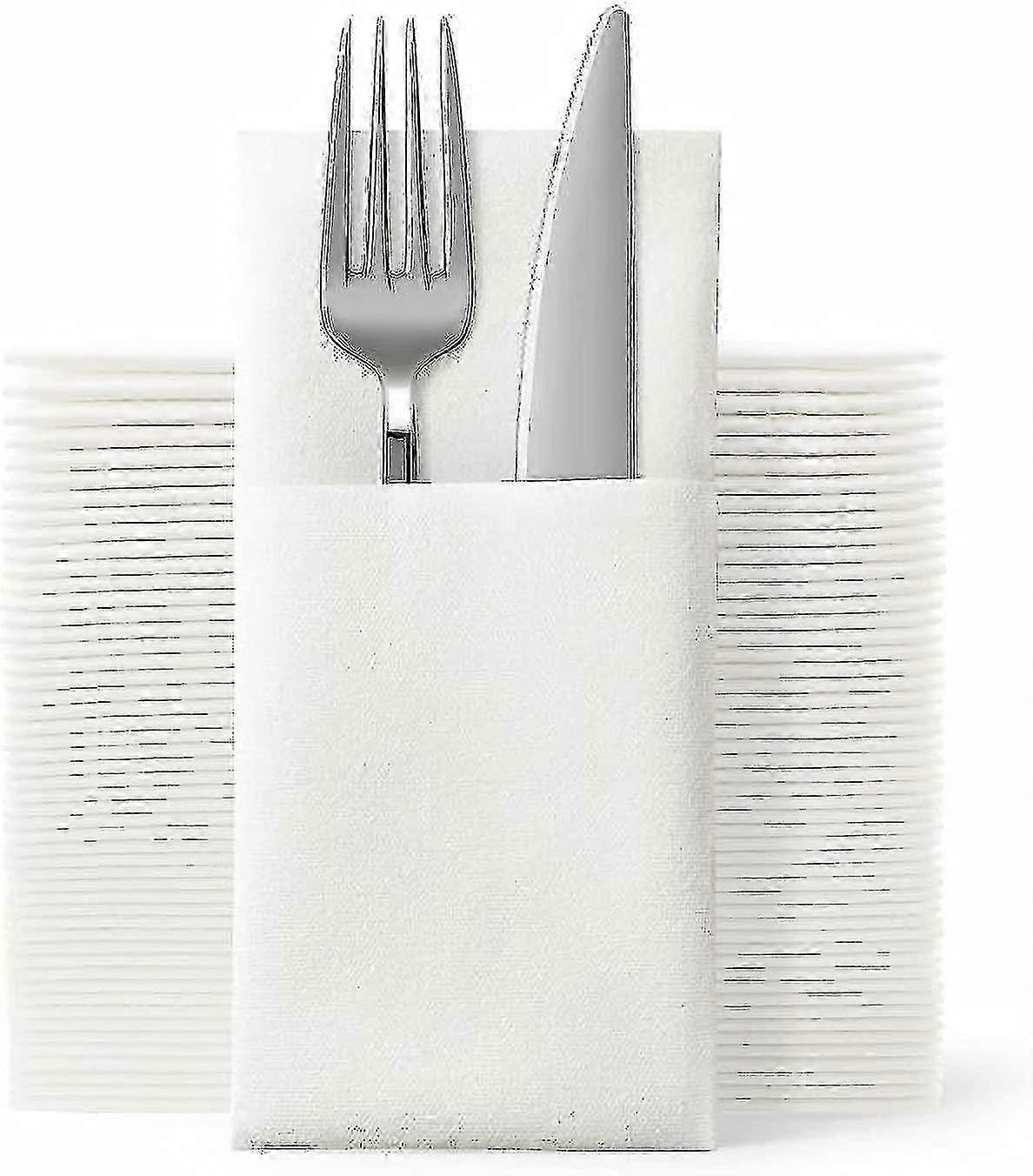 Paquet de 50 serviettes en tissu jetables Poche de couverts intégrée Lin blanc Feel Serviettes de table Fête de mariage Pré-plié argenterie hy DHC