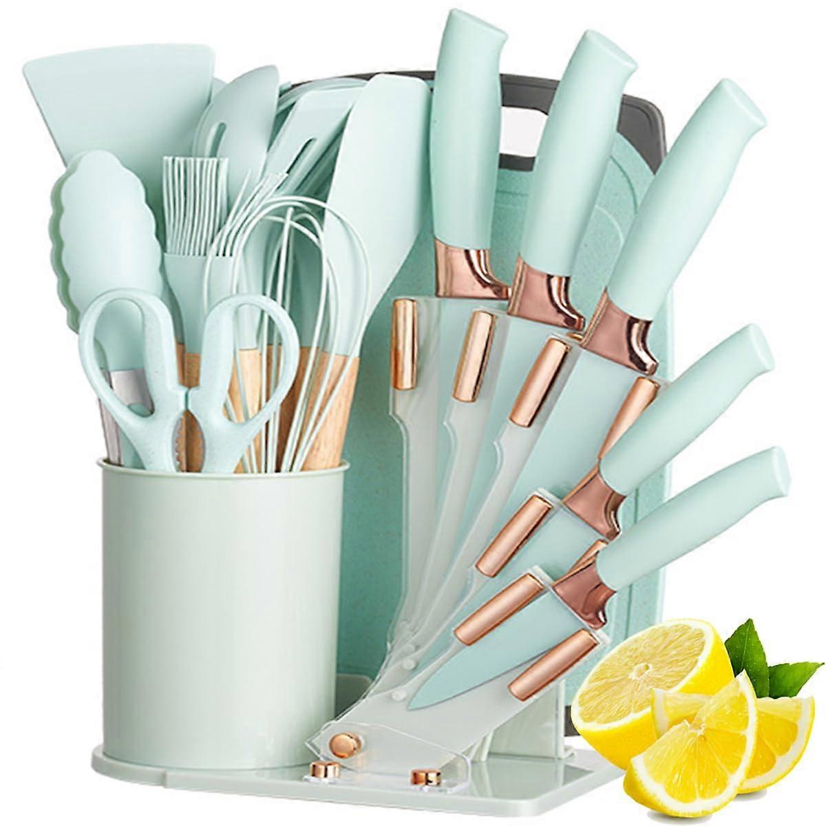 19 Pieces Kitchen Cooking Utensils and Knife Set Holder with Block, Include 11 Pcs Silicone Utensils