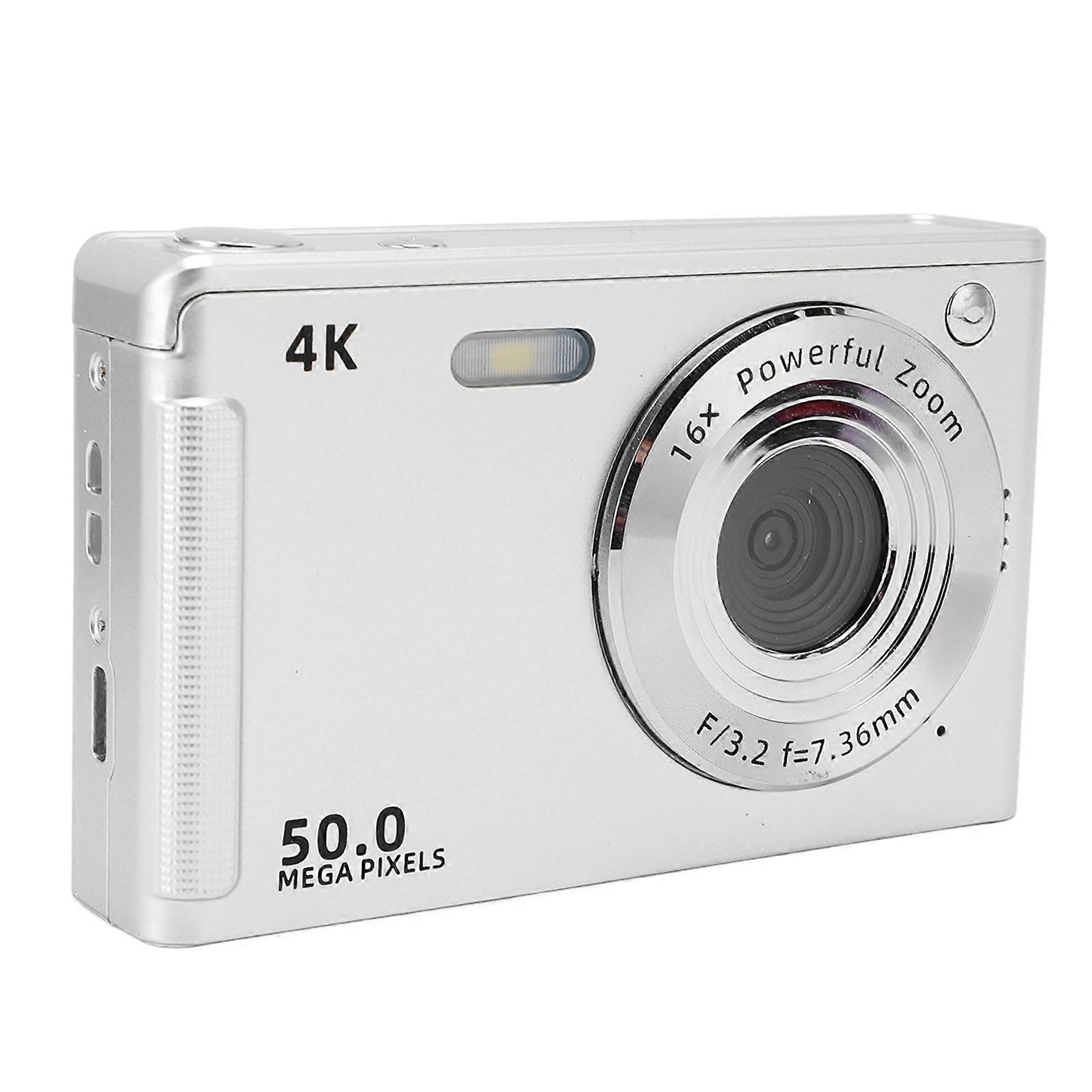 Digital Camera with Fill Light 4K 50MP 2.8 Inch Screen 16x Zoom Anti Shake AF Autofocus Camera for Portrait Landscape Silver 