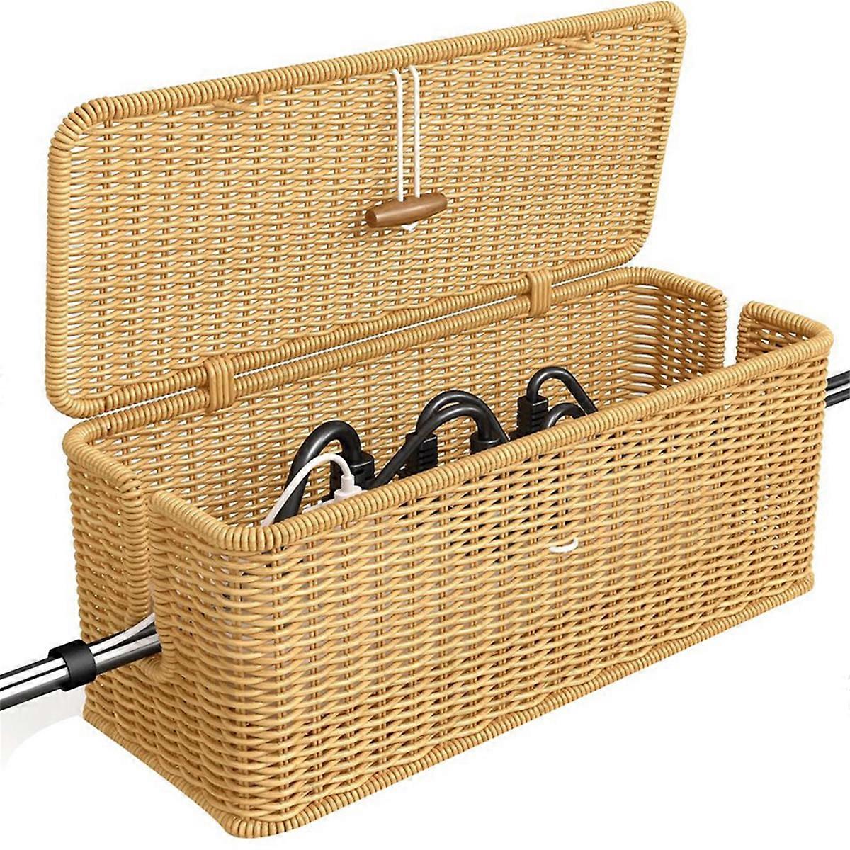 Cable Management Box, Power Strip Organizer with Locked Cover,Handmade Rattan Cable Organizer Cords