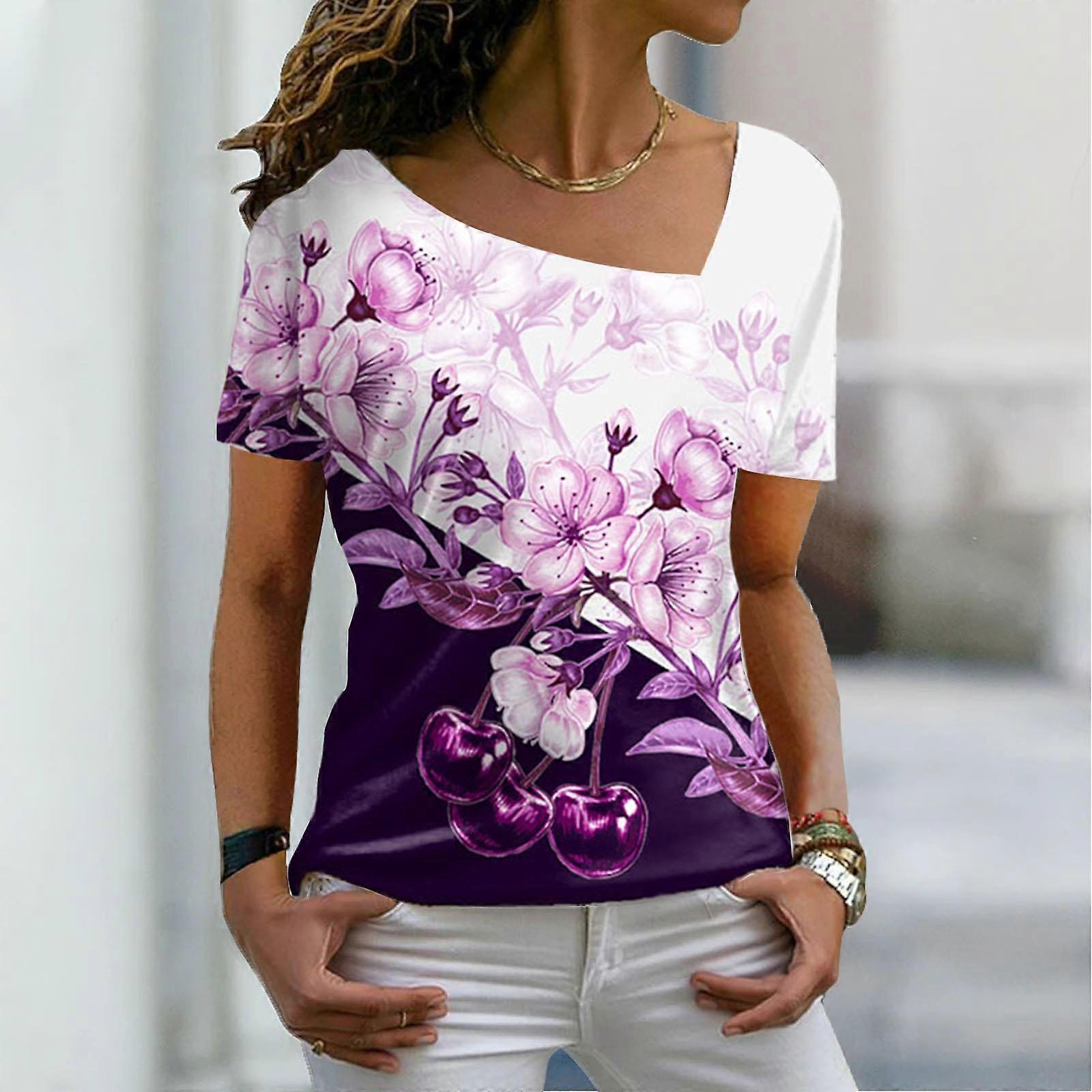 Ladies Blue Snowflake 3D Print Irregular Collar Short Sleeve Base Outing Top