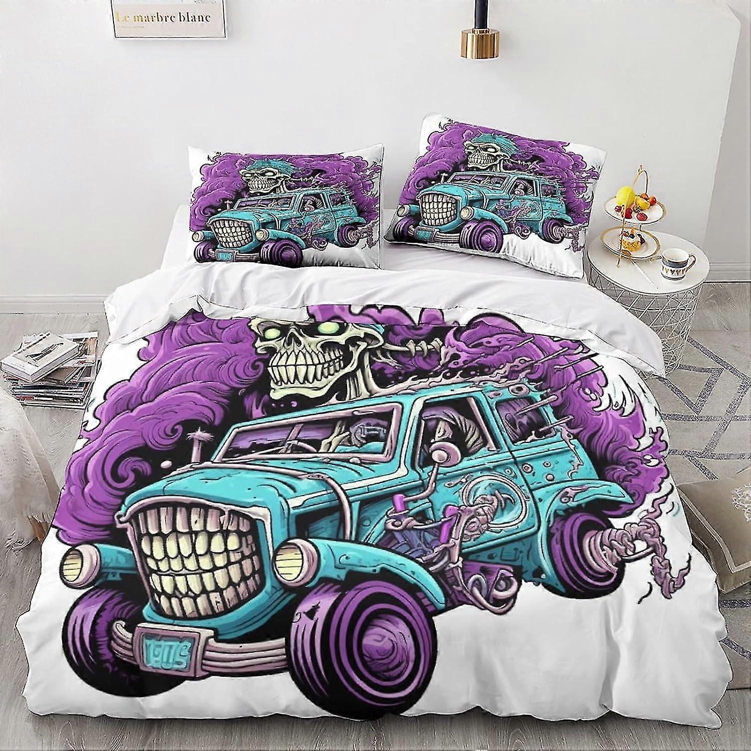 3D Vintage Car Printed Bedding Set 3Pcs Microfiber Cartoon Quilt Cover with Zipper Closure for Various Brands
