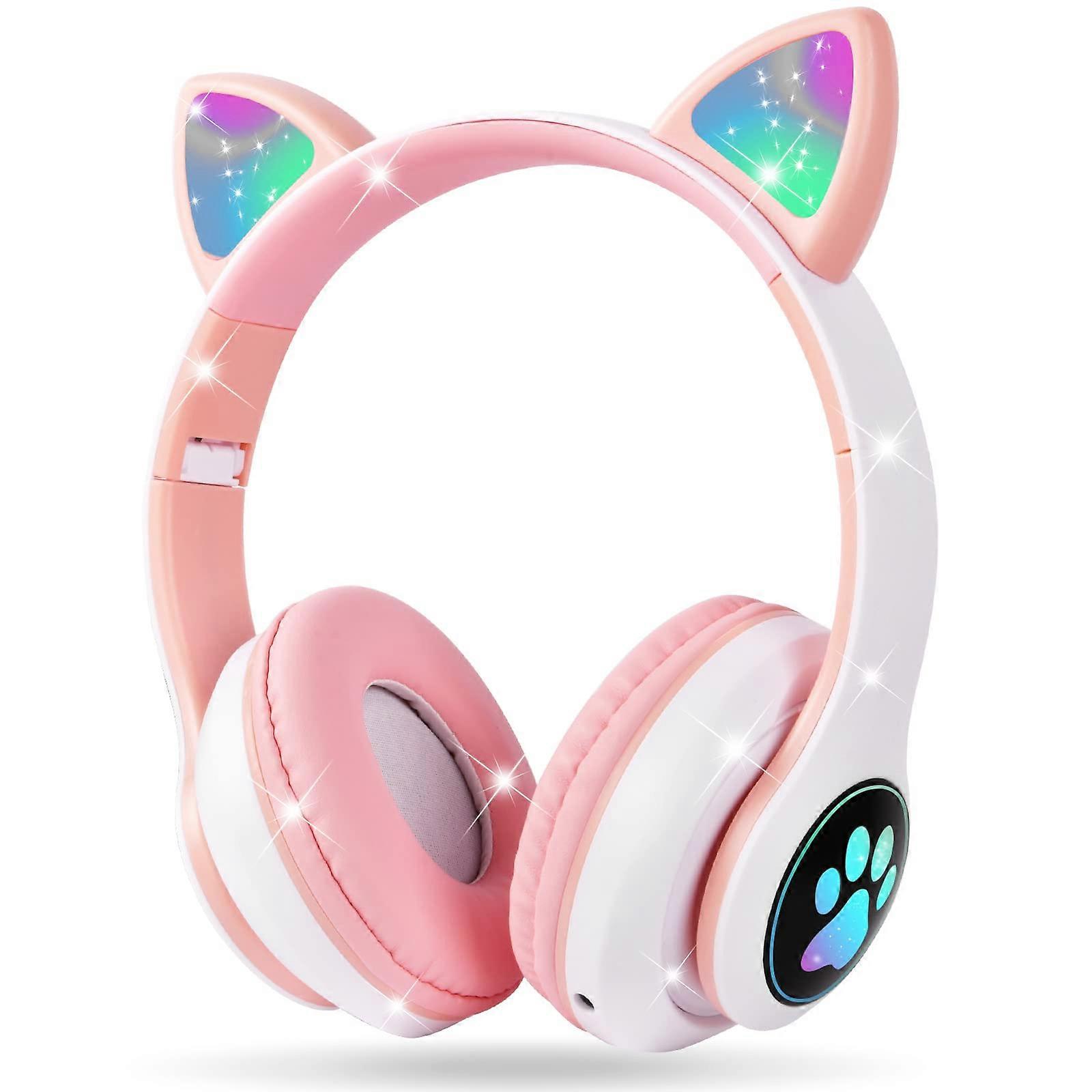 Bluetooth Cat Ear Headphones with LED, Foldable Wireless, Mic, SD for Phone/Tablet/PC Pinkv5.0