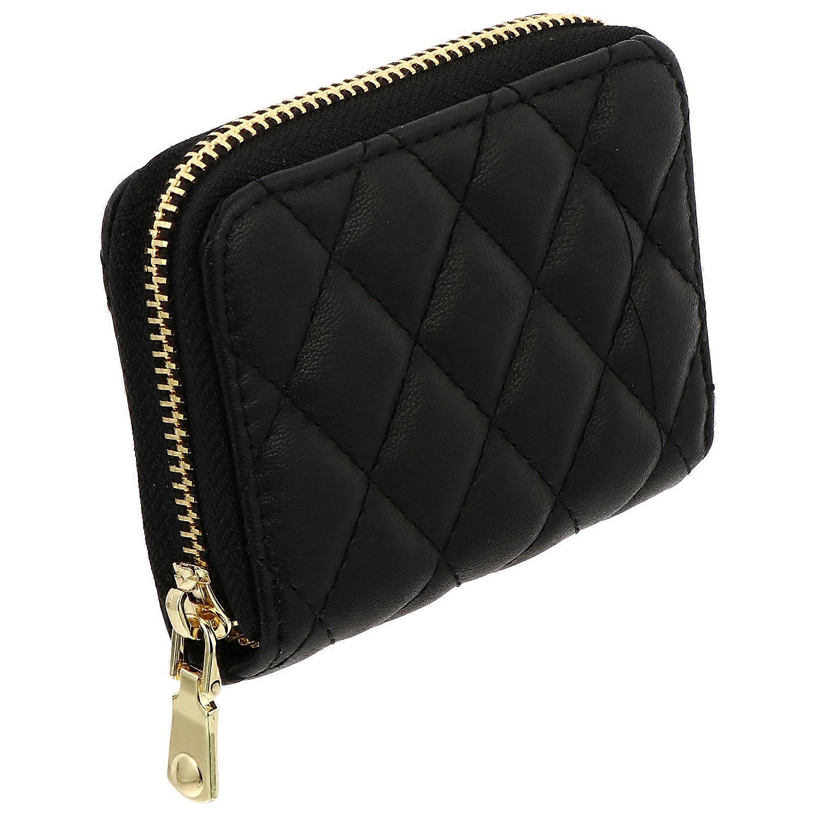 Multifunction PU Cards Bag with Zipper for Storage Black 9 Card Capacity Rhombus Pattern Design Air Permeable Material