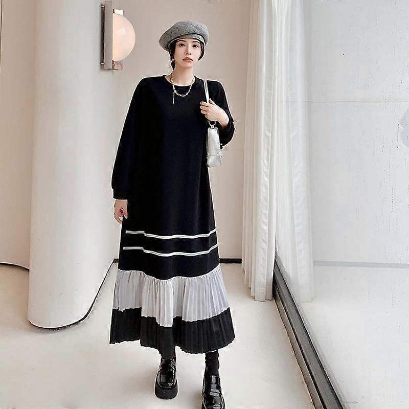 Spring and Autumn Women's Dress Long Plus Size Loose Splicing Colorblocking Pleated Long Sleeve Dresses