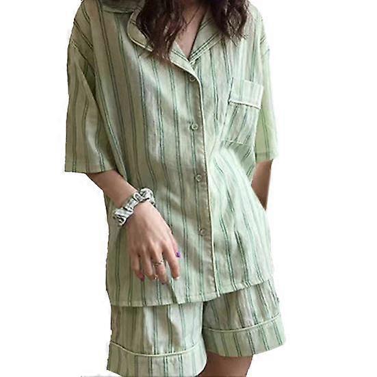 Women Pajamas Set Lapel Contrast Color Striped Print Short Sleeve Elastic Waist Loose Wide