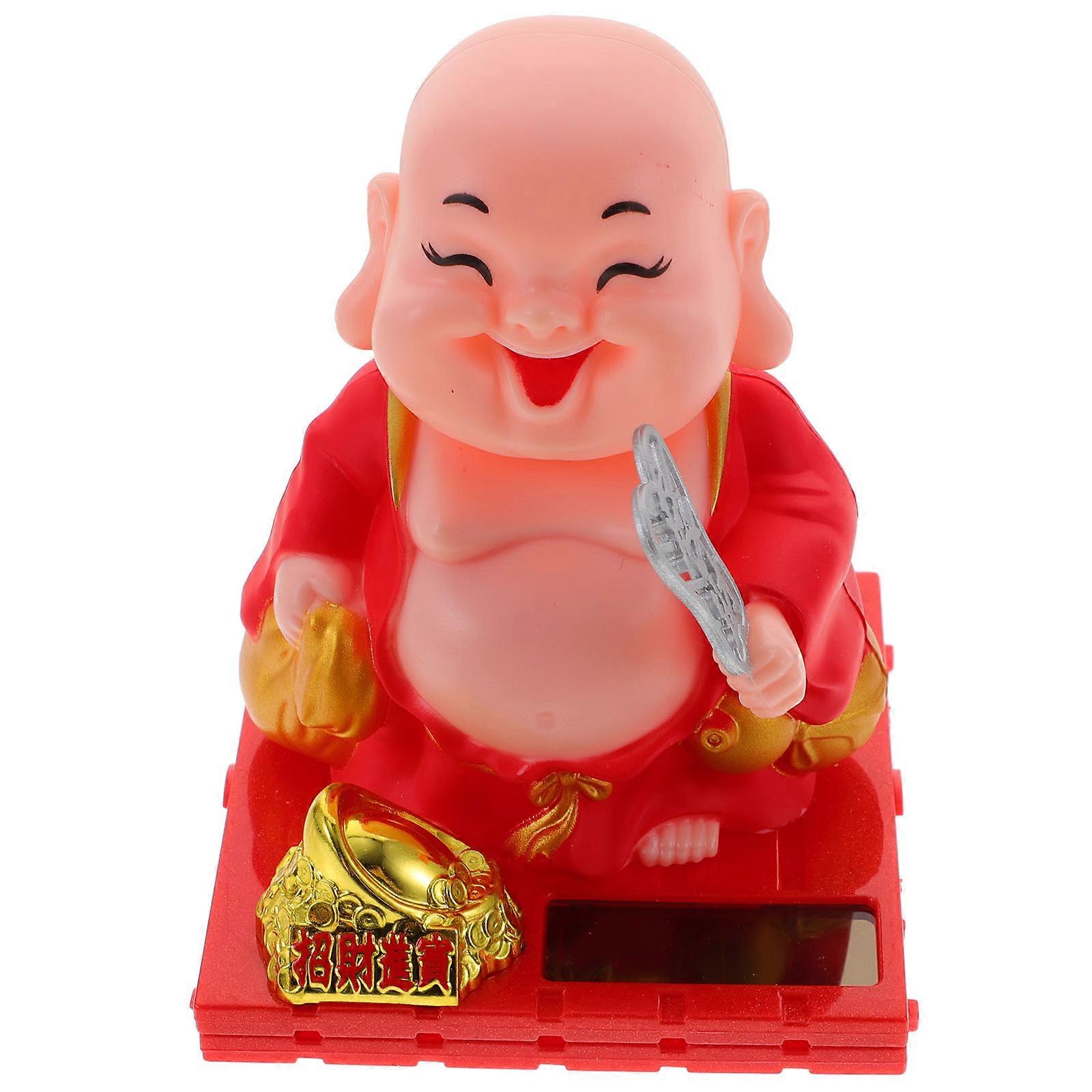 Red Solar Powered Monk Statue for Car Dashboard Decoration ABS Material Automatically Shaking Head 3.5 Inches