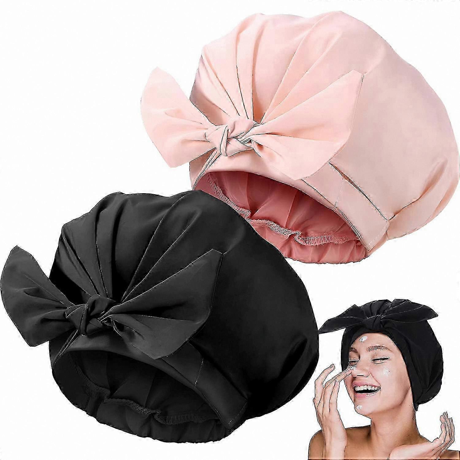 Adjustable Bow-Knot Shower Caps, 2-Pack (Pink, Black)
