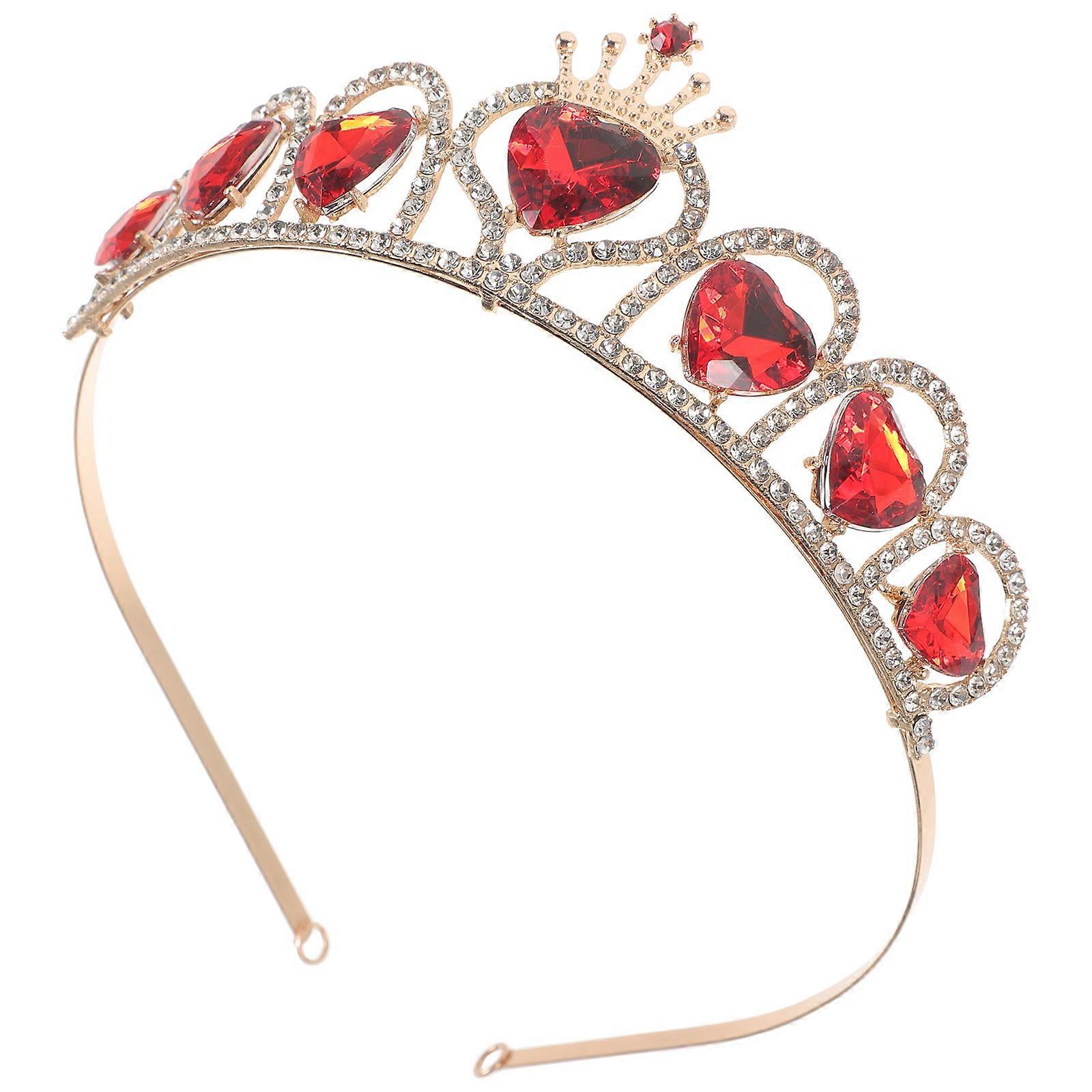 Red Heart Tiara Crown Decorated with Shining Crystal Rhinestones and Pearls for Elegant Wedding