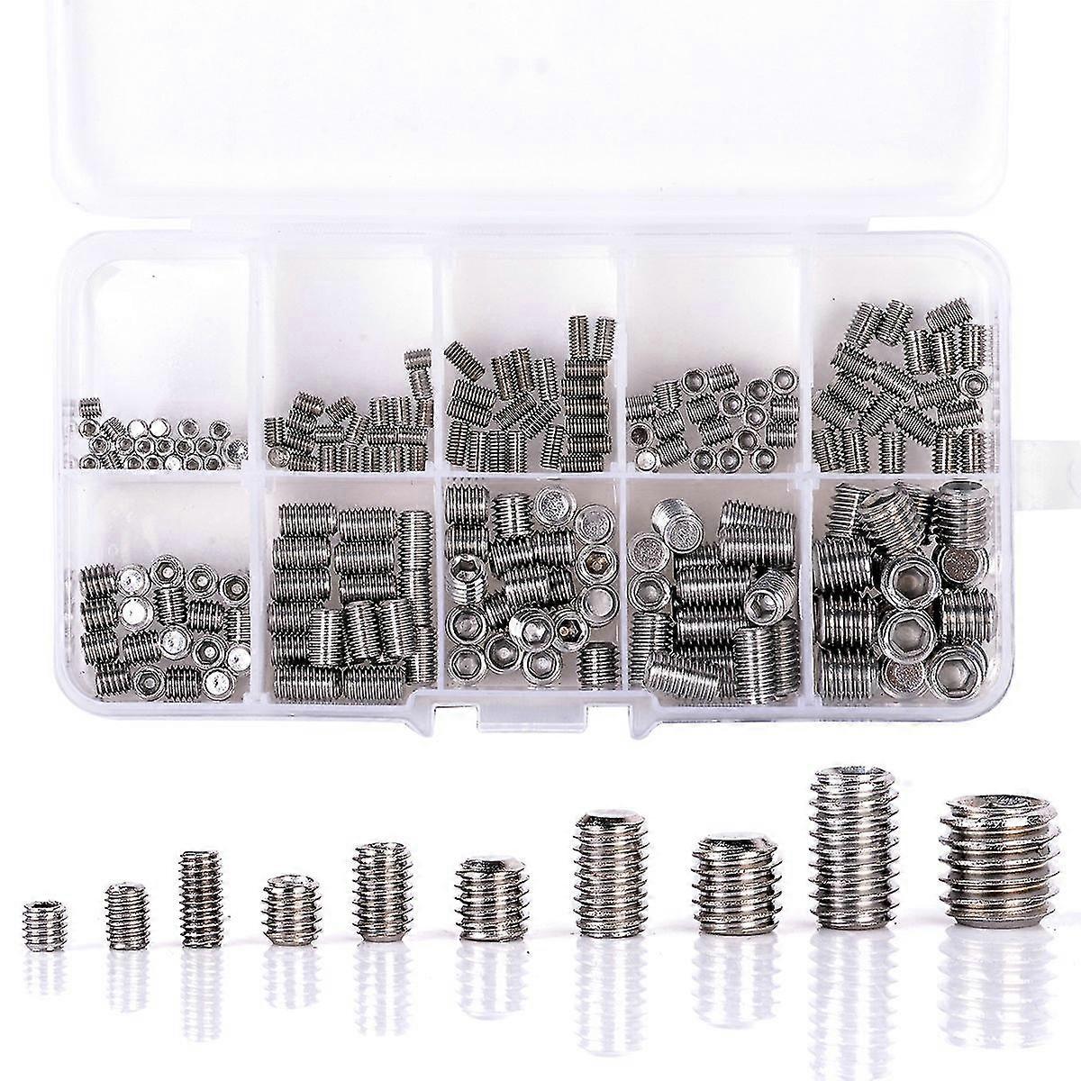 200Pcs 304 Stainless Steel Grub Screws Hex Socket Set Screw Assortment Kit - M3 M4 M5 M6 M8 Sizes