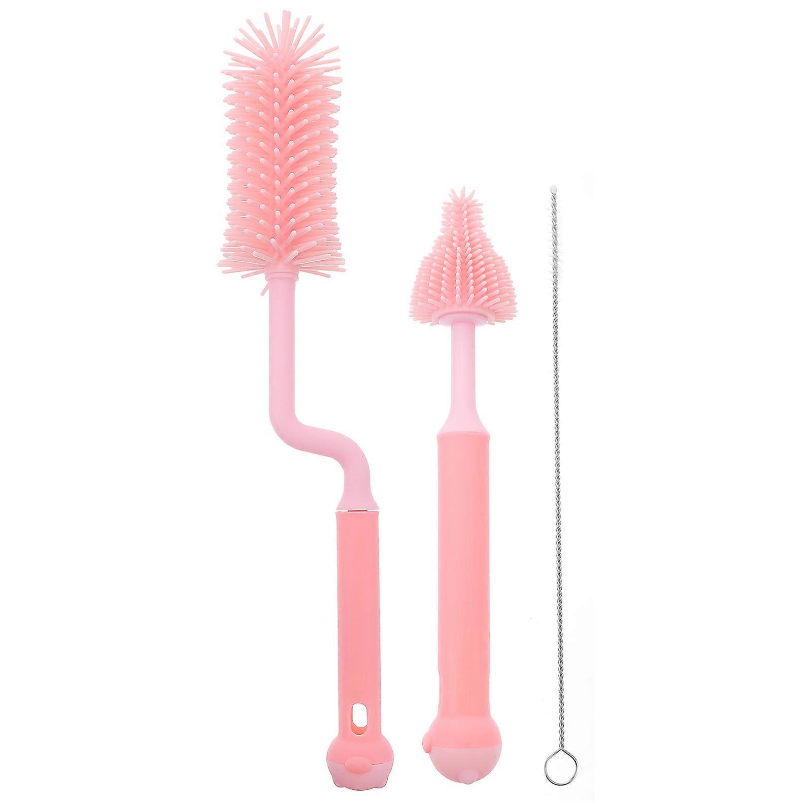 Pink Silicone Baby Bottle Cleaning Brush for Pacifiers with Long Handle and Wall Mountable Design 3