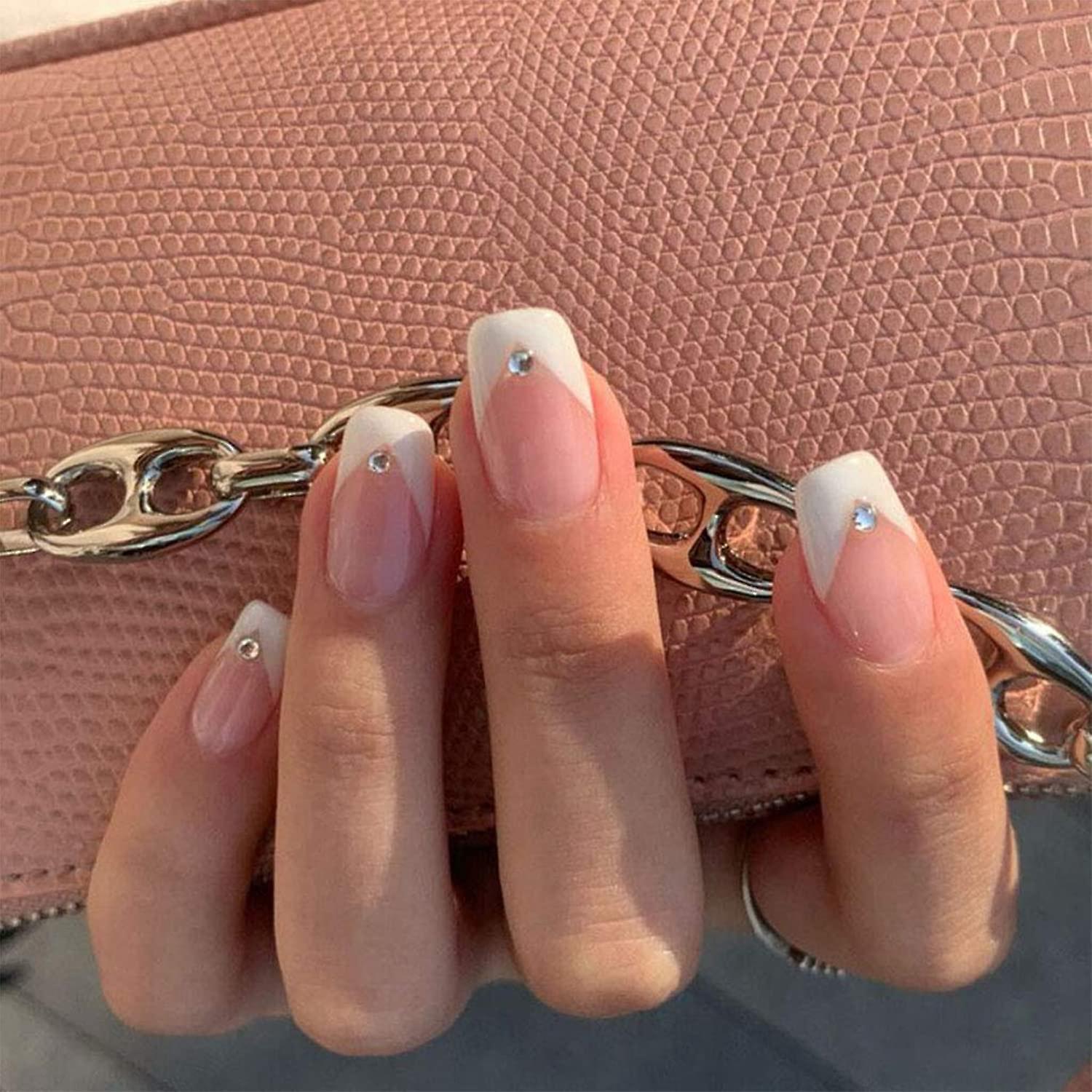 Press On Nails Medium Length With Design,nude Coffin Acrylic Nails Press  On,blue Black Stripes Square Shape Fake Nails,full Cover Artificial Nail  Tips | Fruugo KR