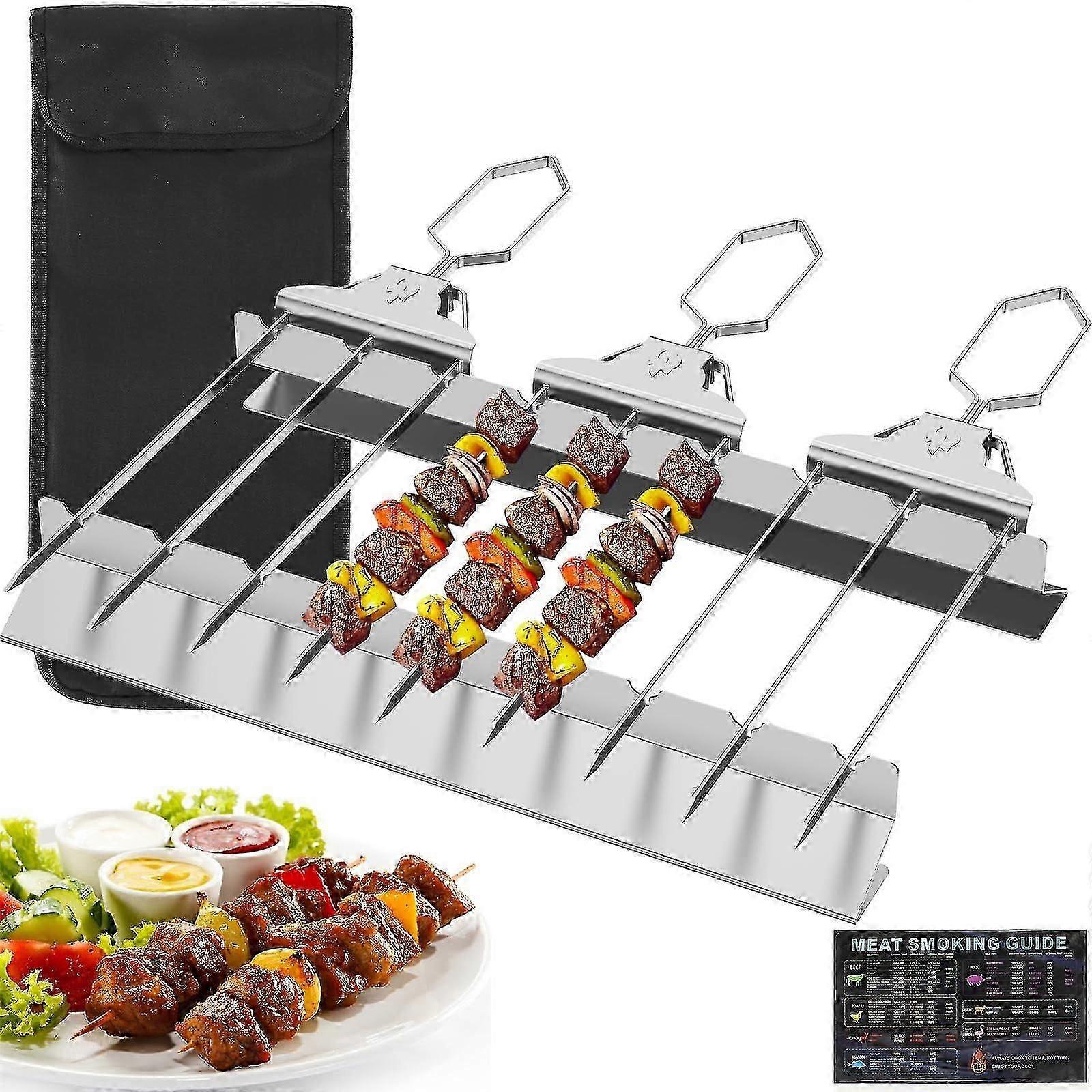 3 Way Stainless Steel Skewers for Grilling, Grill Skewers Set with Meat BBQ Guide Silicone Brush,Metal Skewers,BBQ Accessories -GSLA