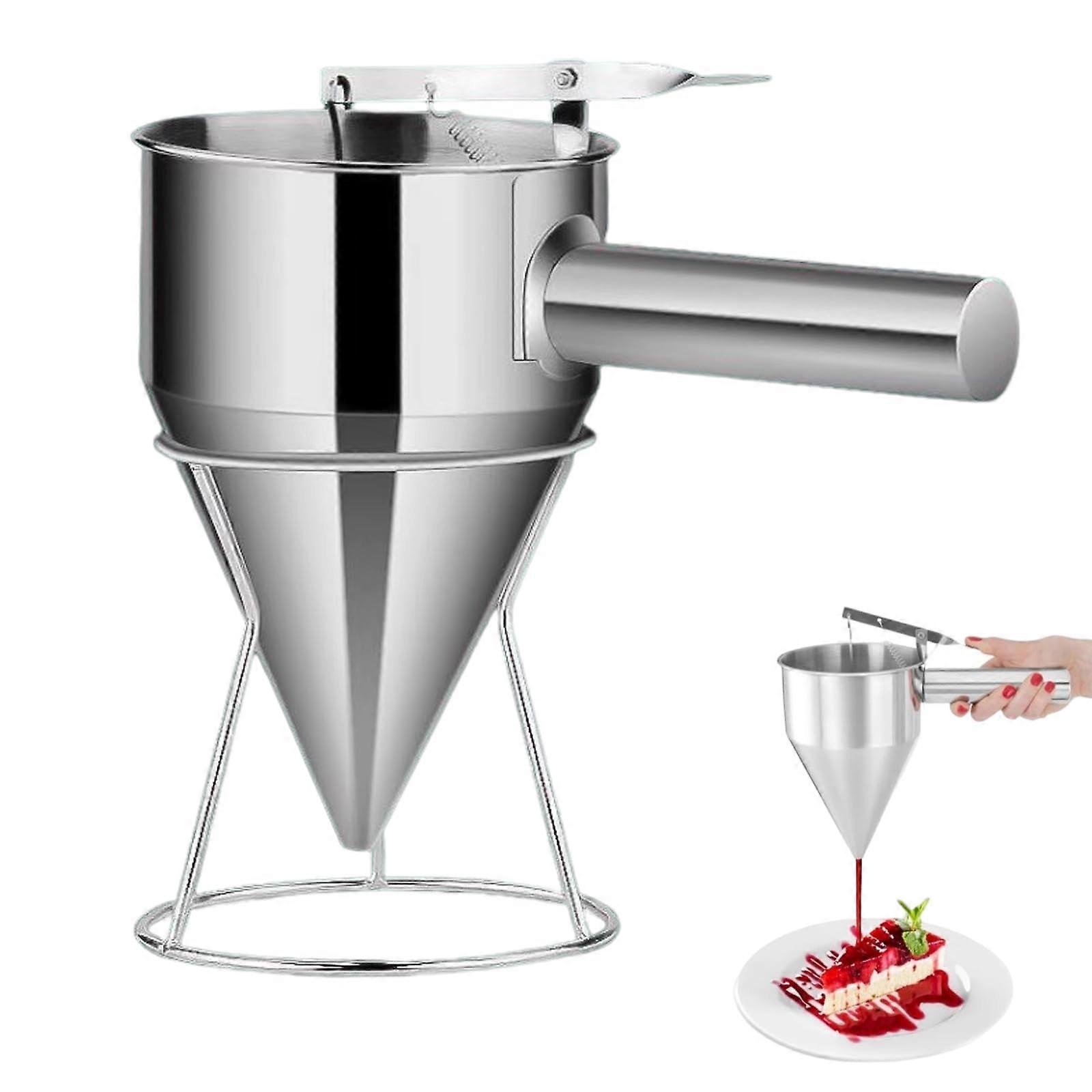 Stainless Steel Pancake Dispenser 1.2L with Handle and Rack for Batter, Waffle, Crepe, and Muffin Mix