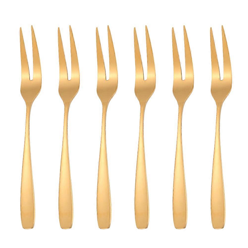 Stainless Steel Dessert Fork Set Golden 6 Pieces for Party Use with Two Prong Design Fruit