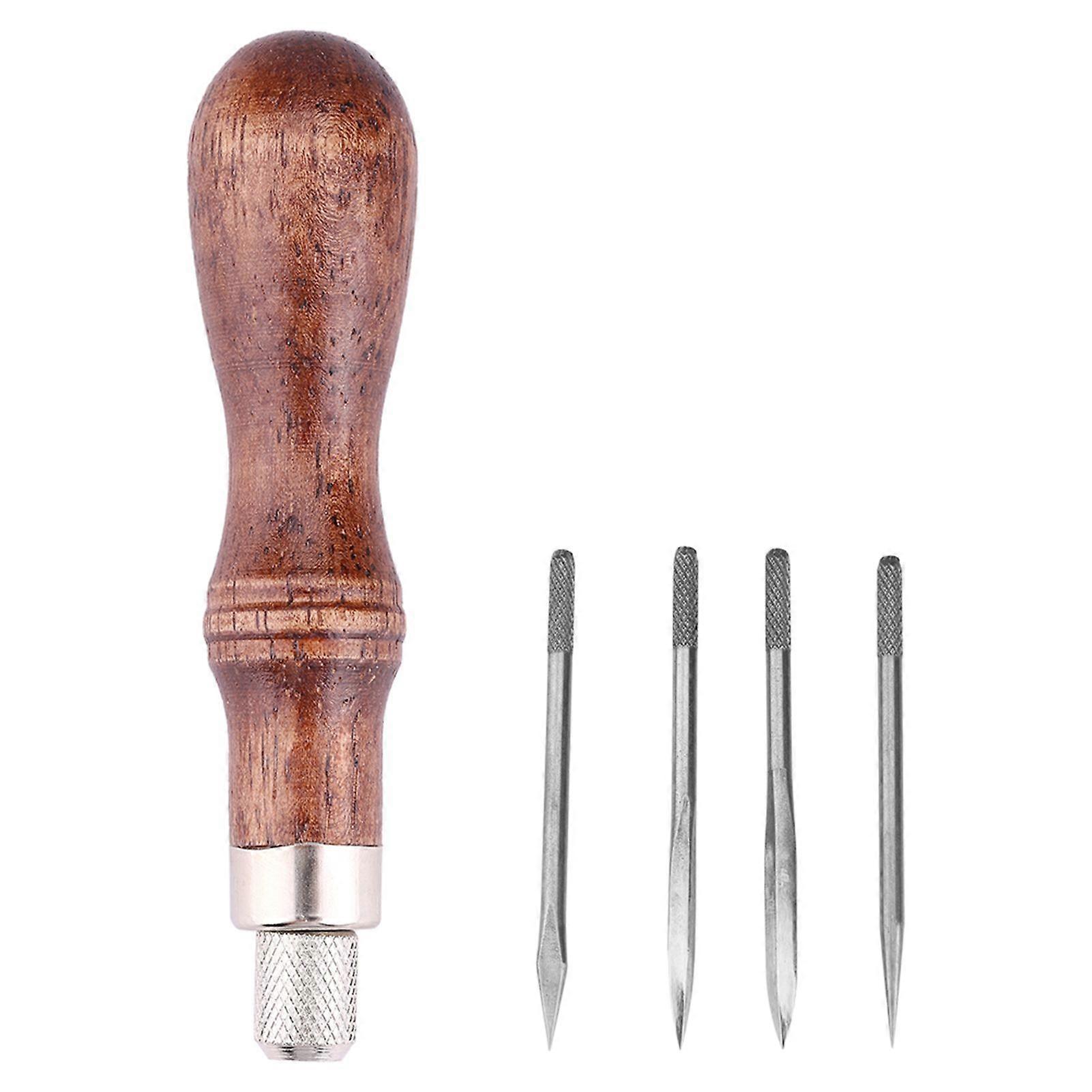 4 In 1 Wooden Handle Leather Stitching Sewing Awl DIY Leathercraft Hole Punch Tool
